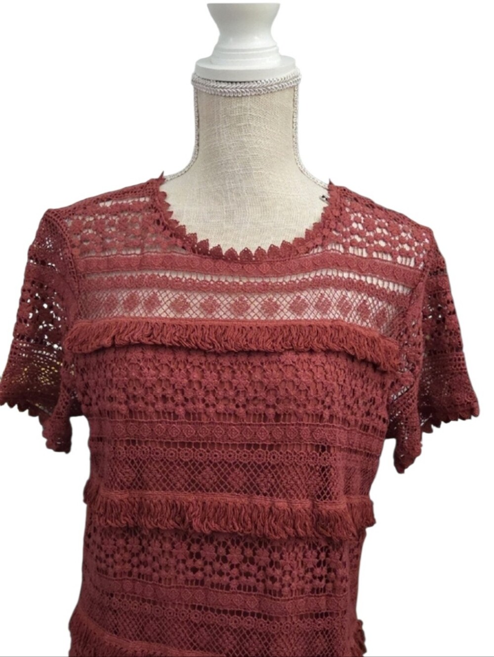 O2Sky Anthropologie Open Crochet Fringed Dress in Rust - Picture 3 of 6